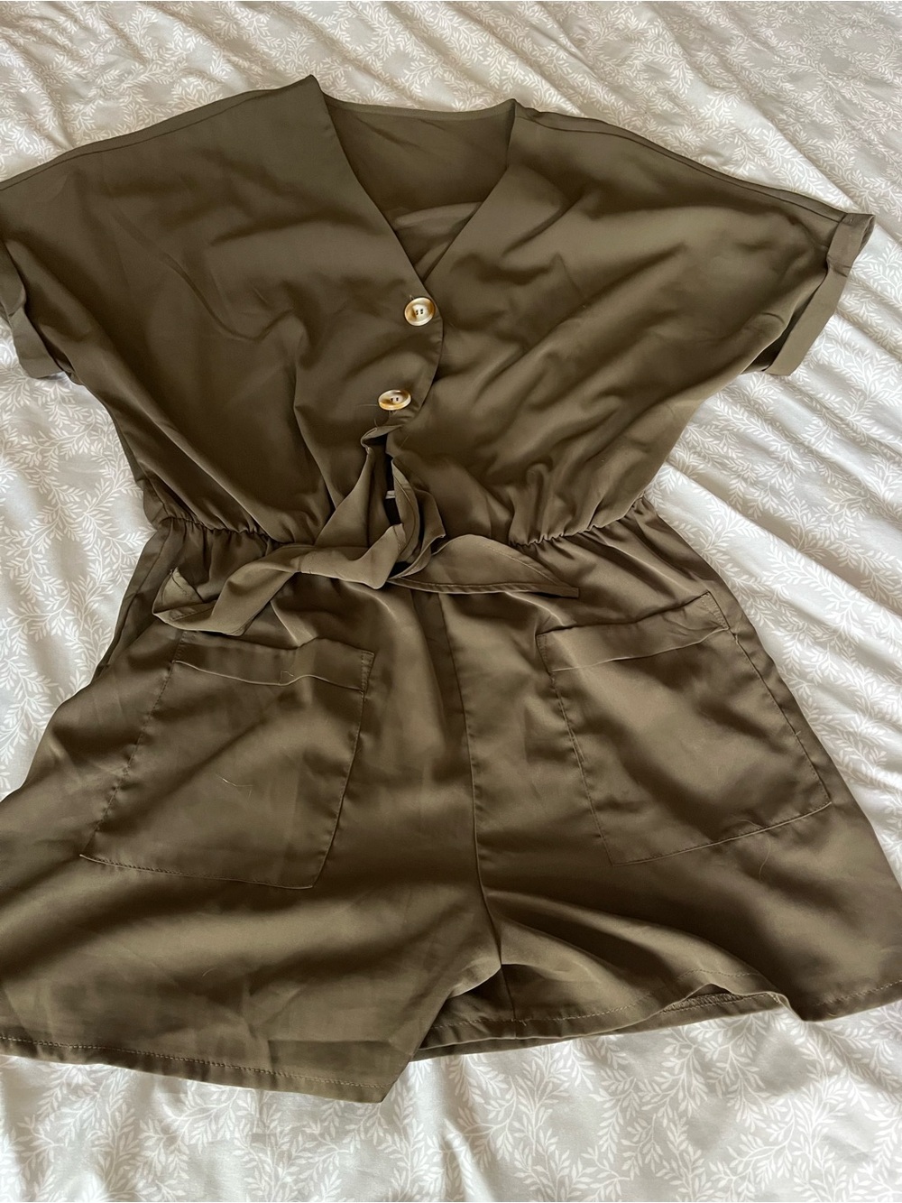 Source Unknown Army Green Romper with Button and Tie front